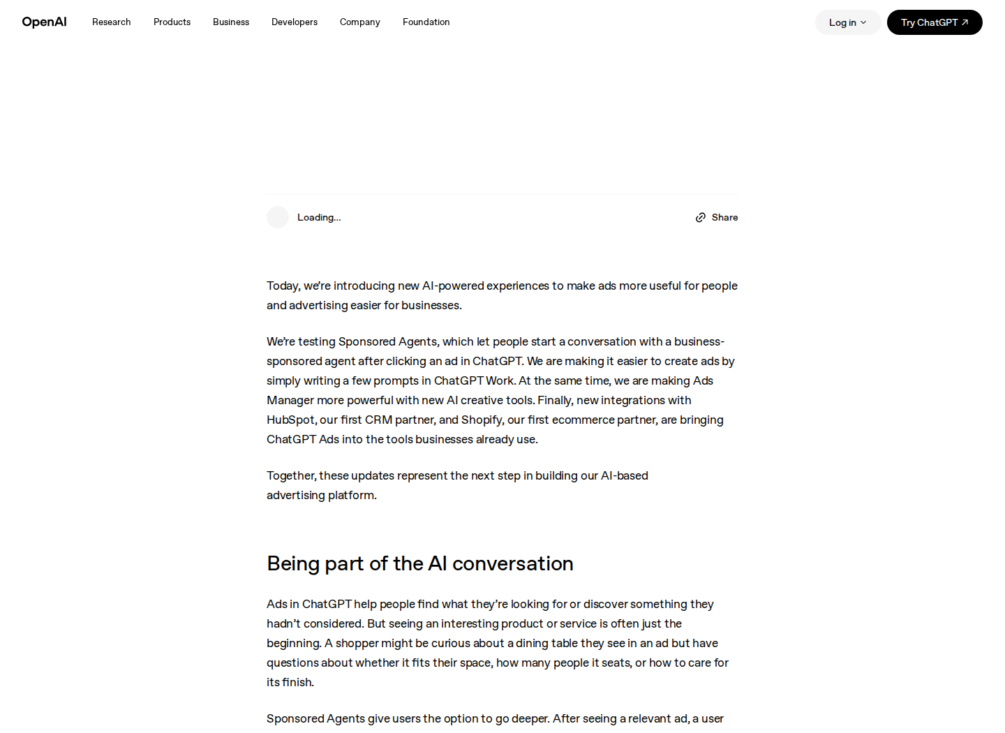 OpenAI's official announcement page covering HubSpot and Shopify integrations, captured via the Wayback Machine