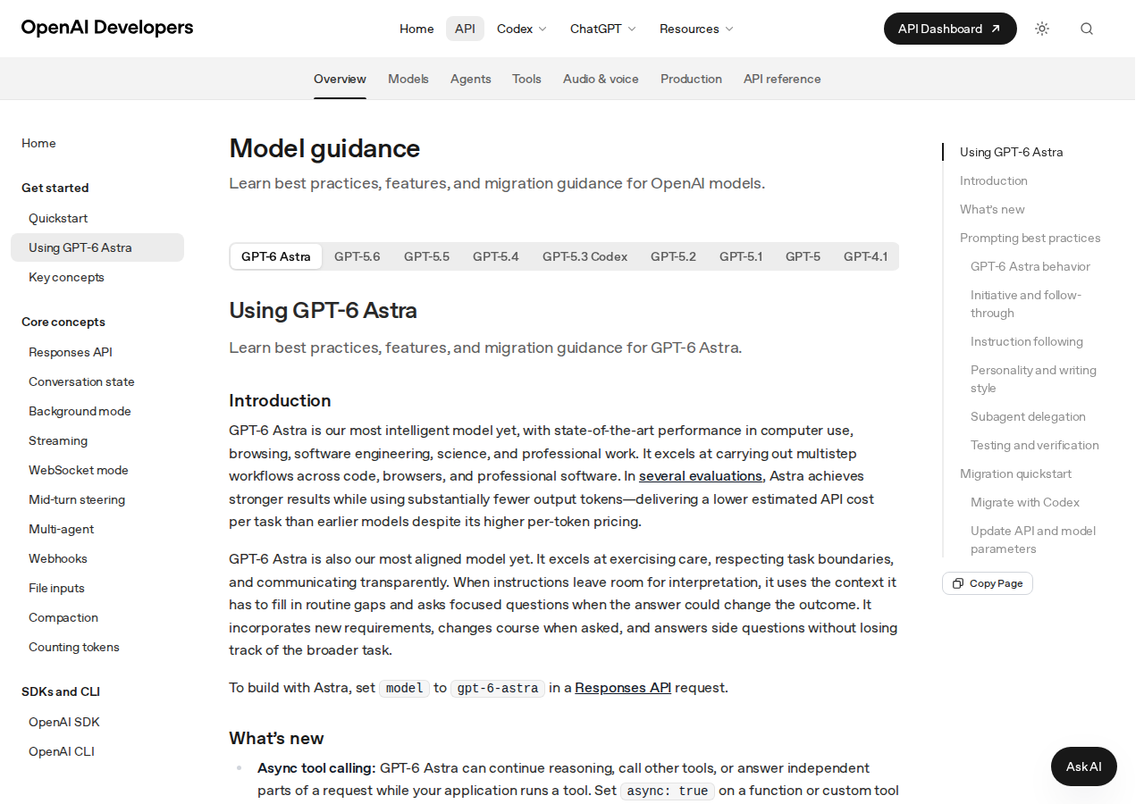 لقطة من دليل OpenAI الرسمي لاستخدام GPT-6 Astra على developers.openai.com تظهر قسم أفضل ممارسات البرومبت
