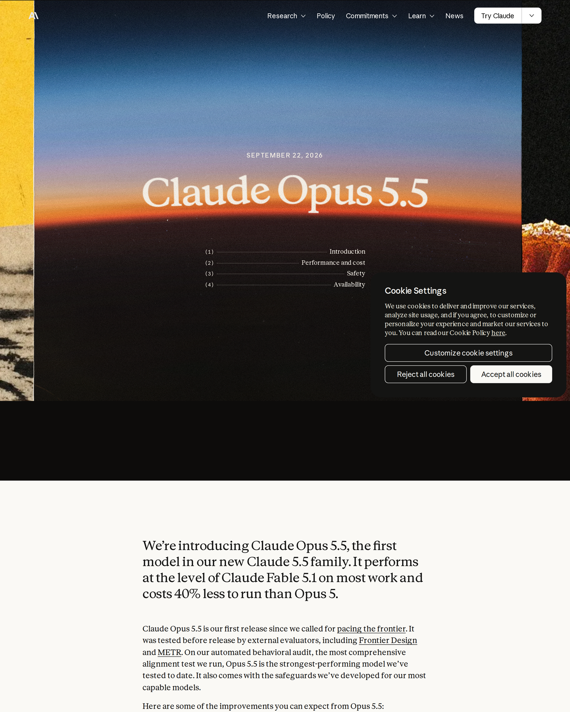 Screenshot of the official Claude Opus 5.5 announcement page on anthropic.com