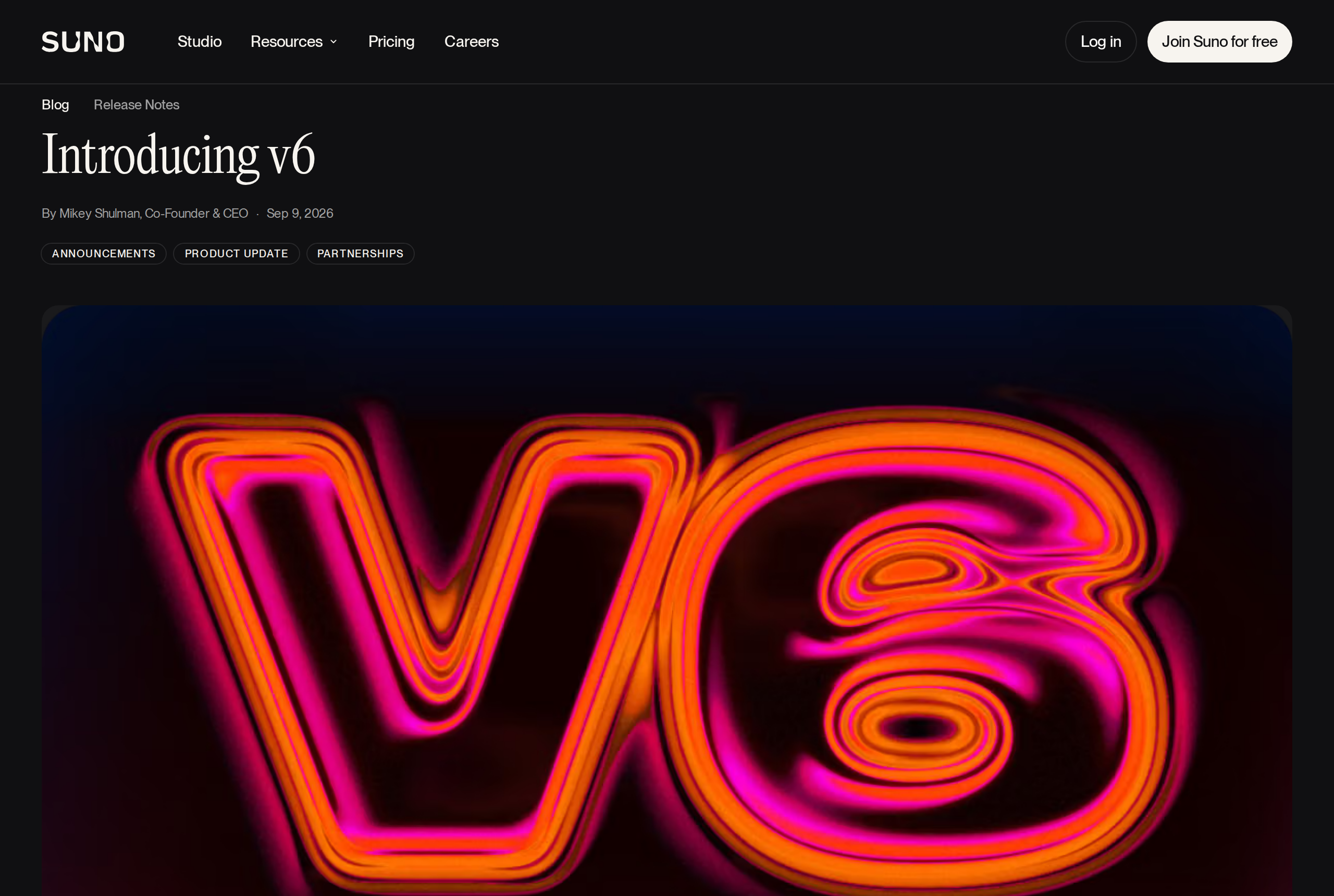 Suno v6 official announcement post on the company blog