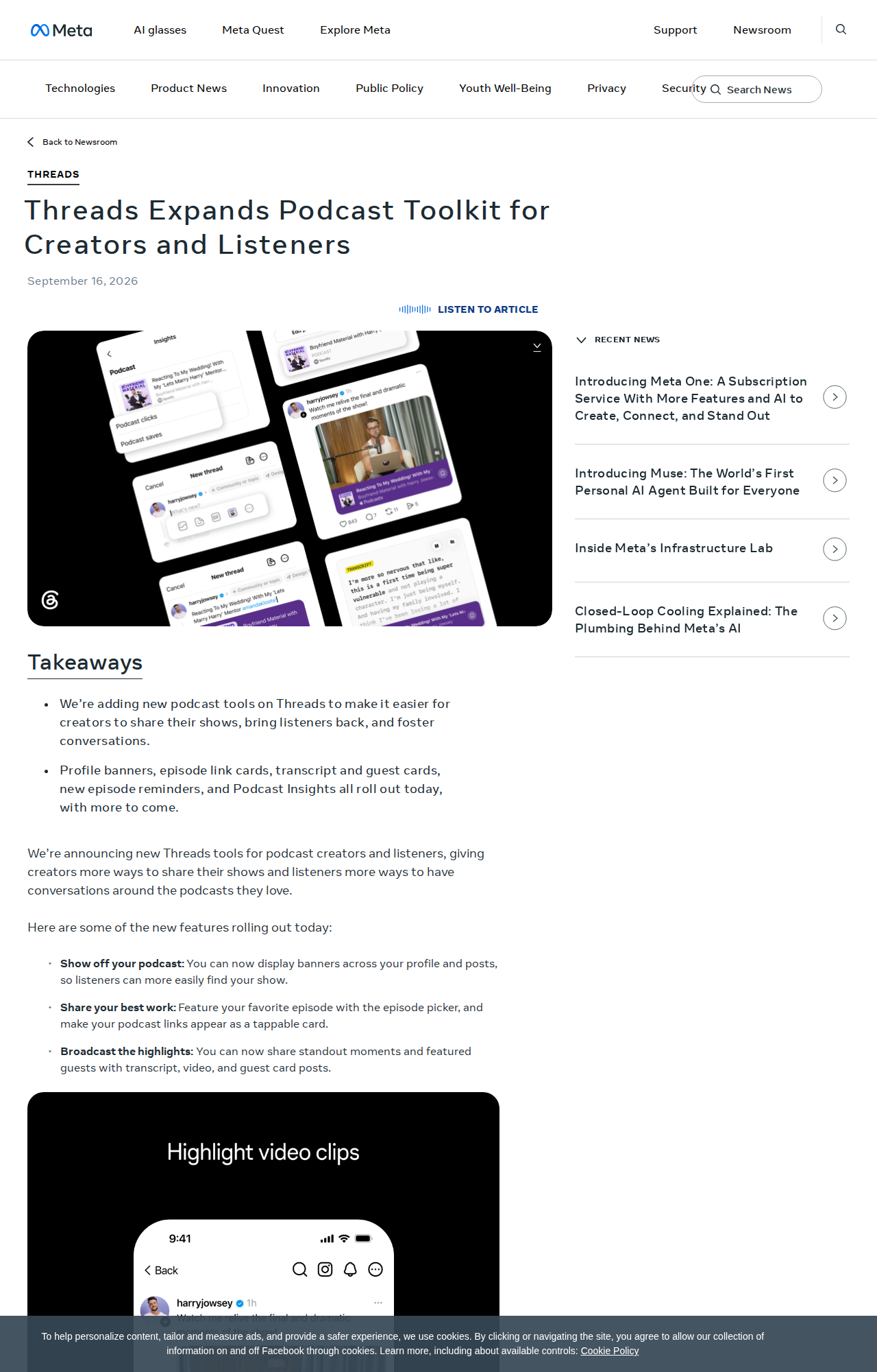 Screenshot of Meta's newsroom announcement about the new Threads podcast tools