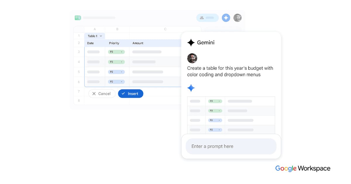 Gemini داخل Google Sheets ينشئ جدولاً من أمر نصي — صورة رسمية من Google Workspace