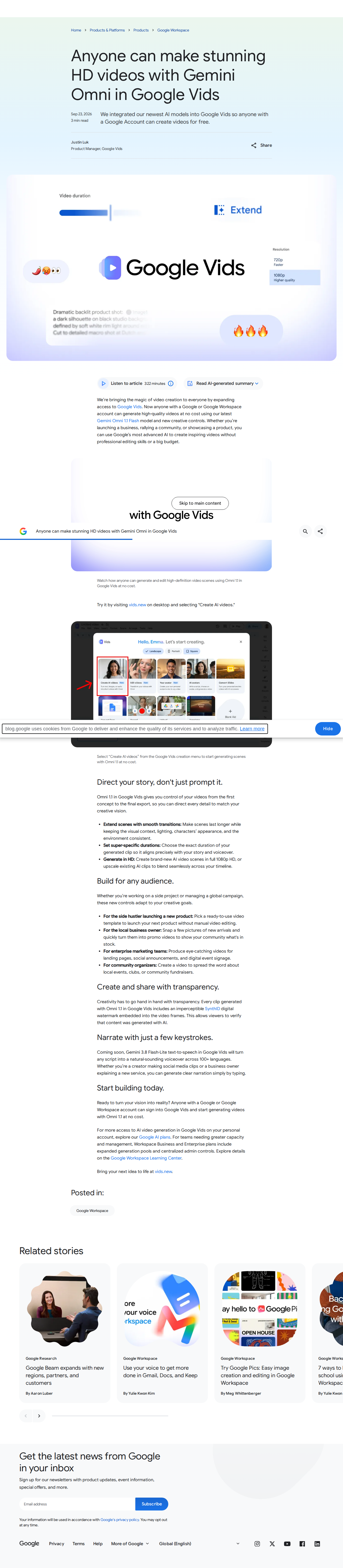 إعلان جوجل الرسمي عن وصول Gemini Omni إلى Google Vids