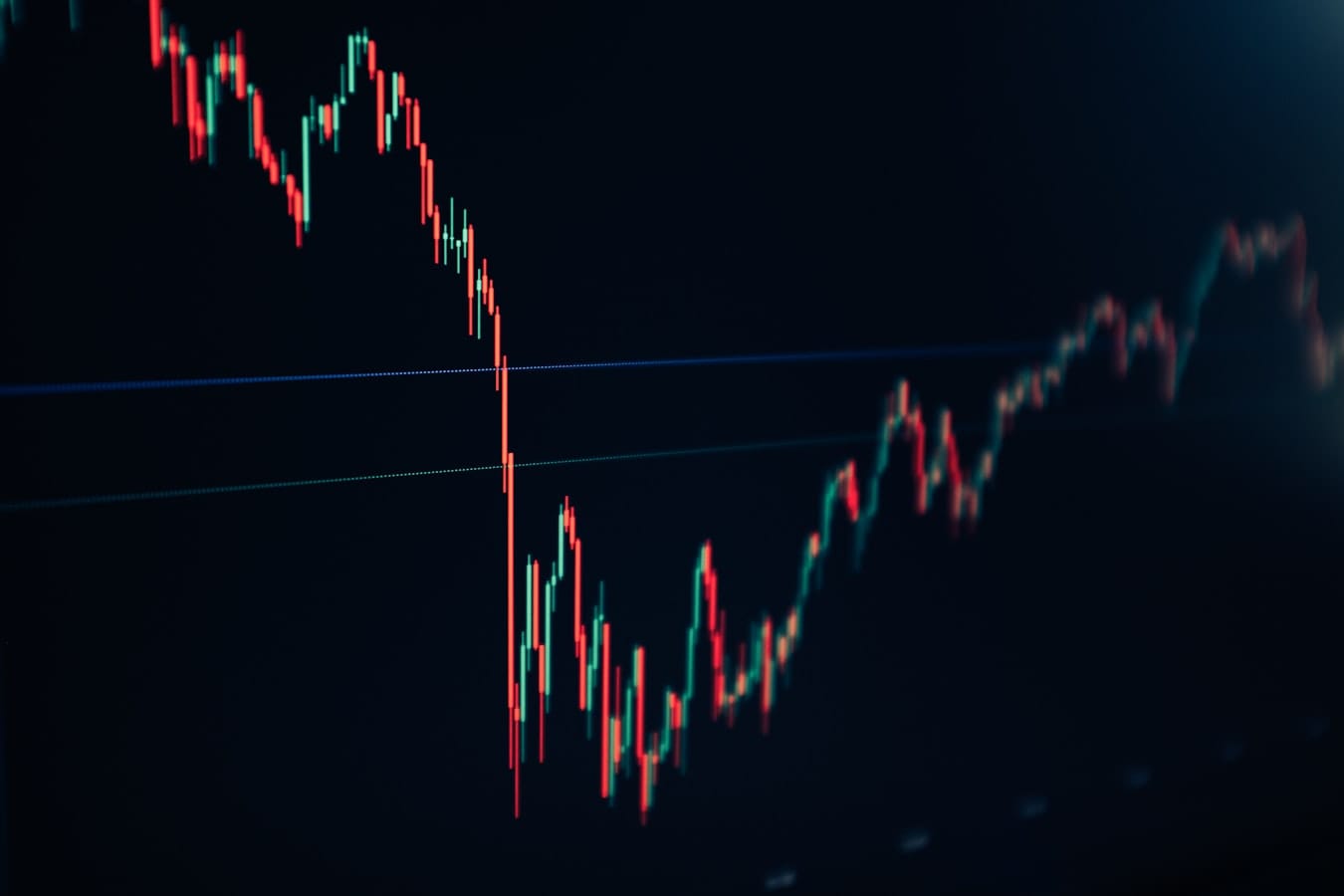 Dark screen displaying a red and green candlestick chart with a sharp price drop