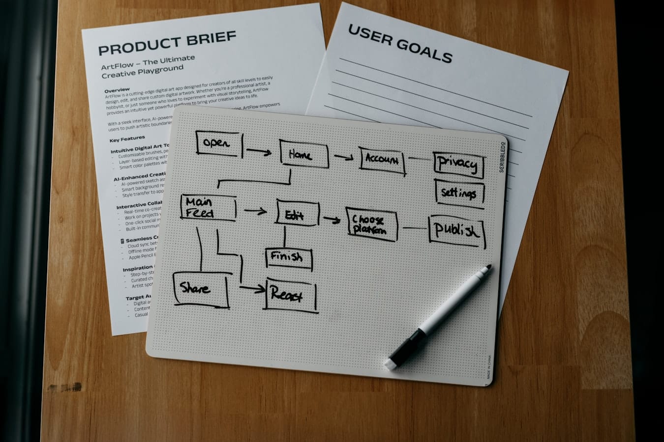 Process flow mapped out on a whiteboard