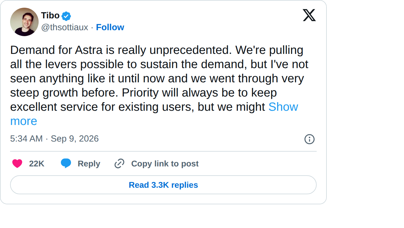 OpenAI product lead's September 9, 2026 warning post about unprecedented Astra demand