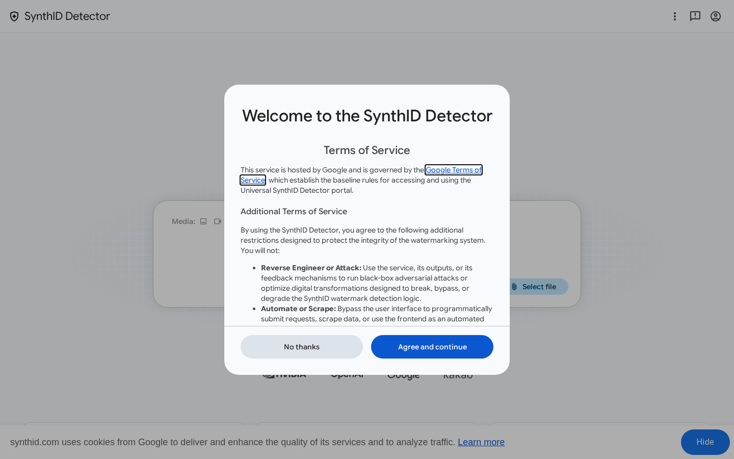 واجهة موقع synthid.com الرسمي مع شعارات الشركاء: NVIDIA وOpenAI وGoogle وKakao
