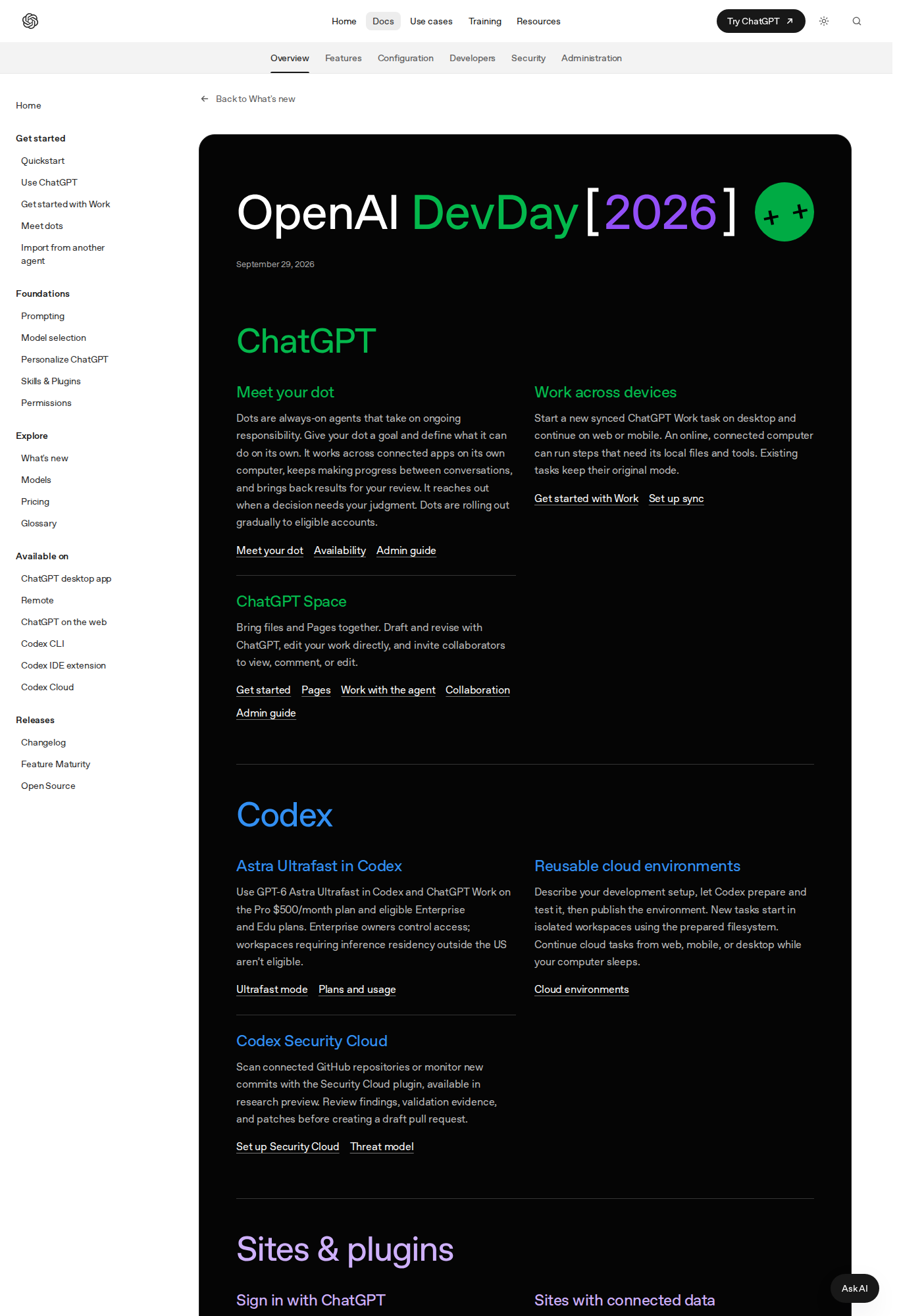 Official DevDay 2026 announcements page showing Sites with connected data