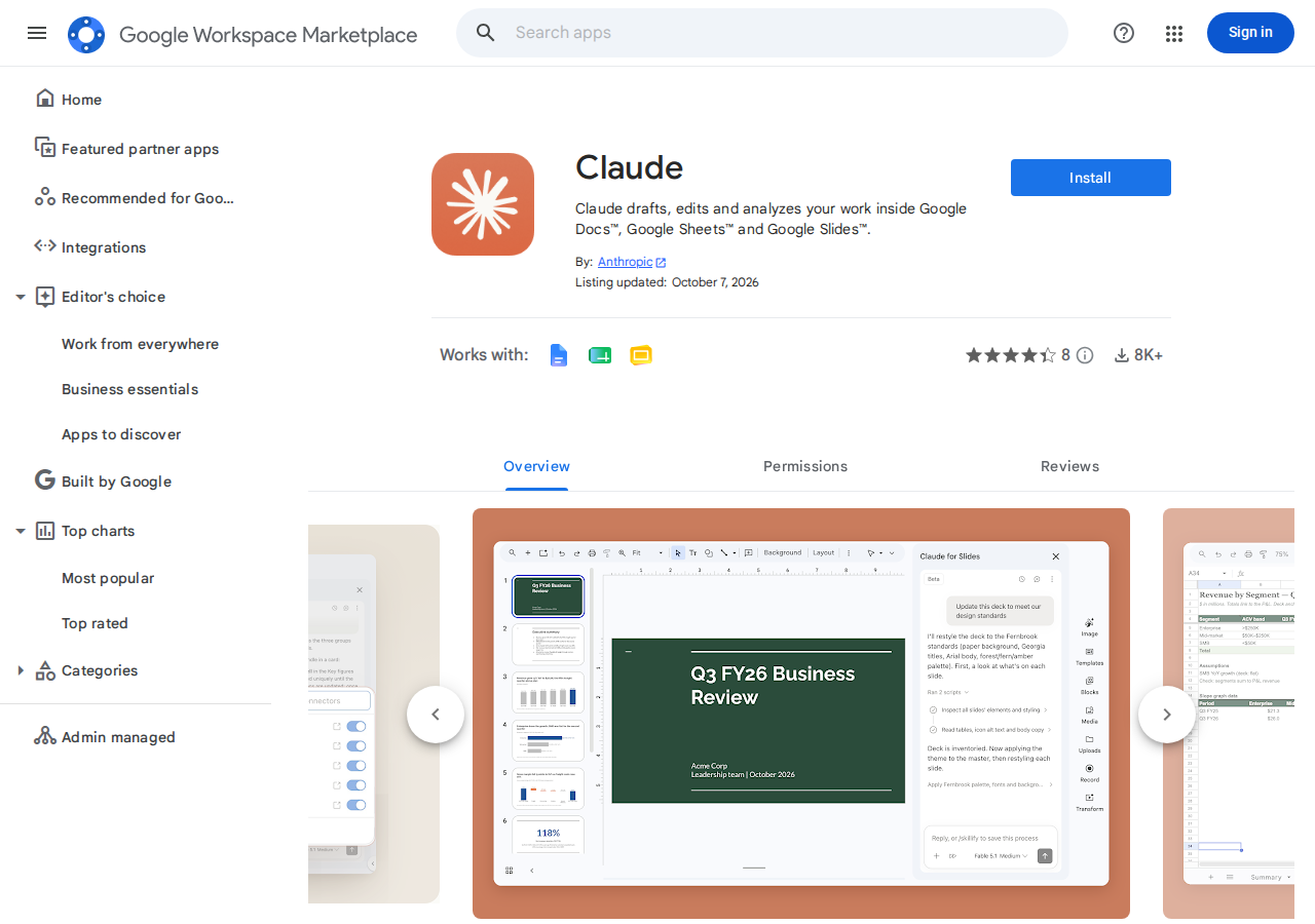 The official Claude by Anthropic listing in the Google Workspace Marketplace with install button and rating