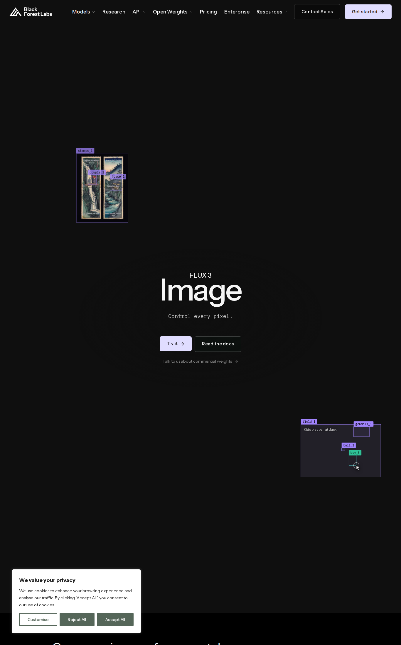 Screenshot of the top of the official FLUX 3 Image model page on Black Forest Labs' website