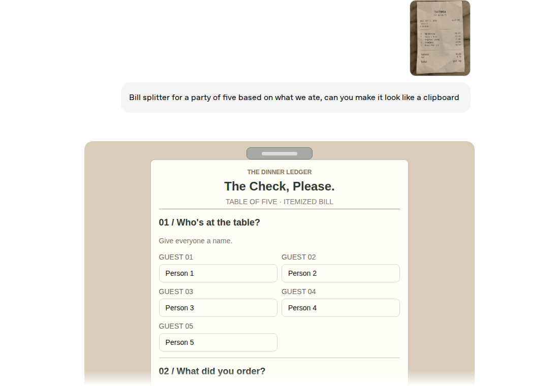 Official interactive bill-splitter tool demoed in the Intelligent UI announcement
