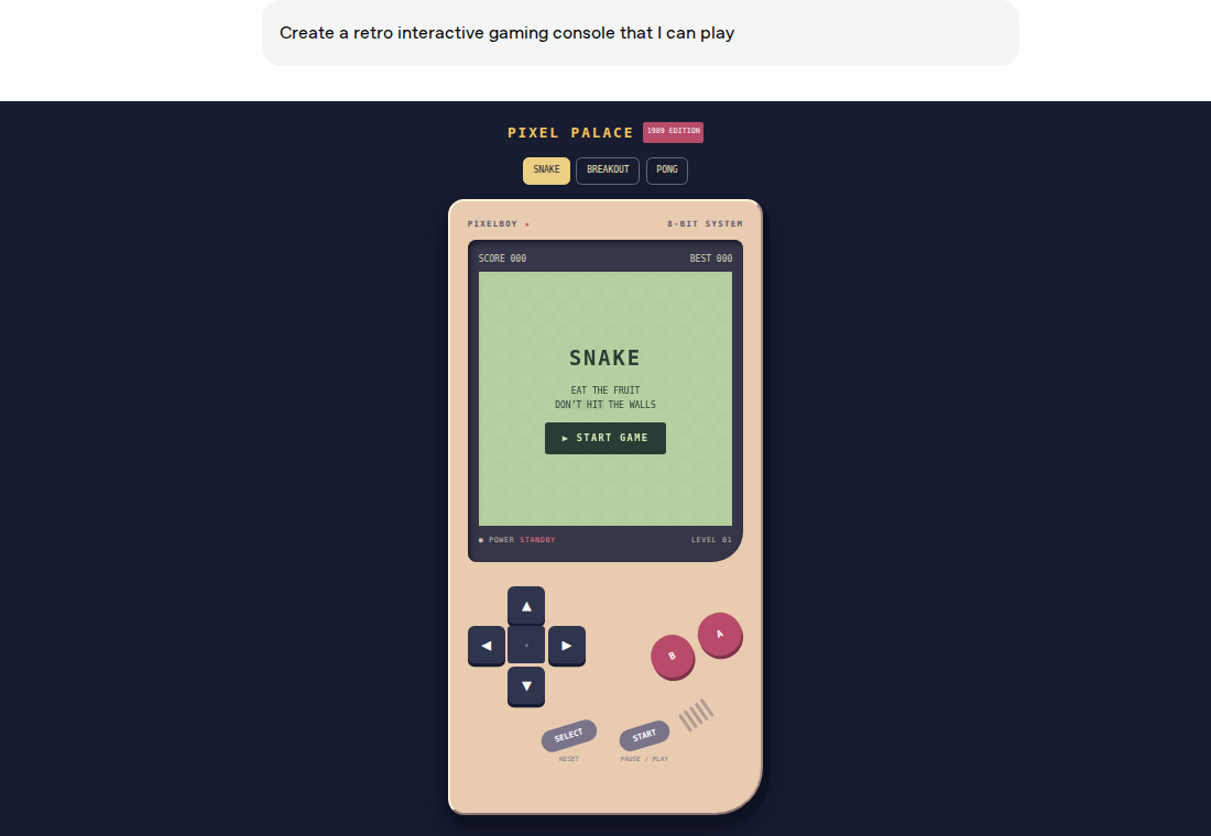 Official interactive retro arcade game generated inside ChatGPT as an Intelligent UI demo