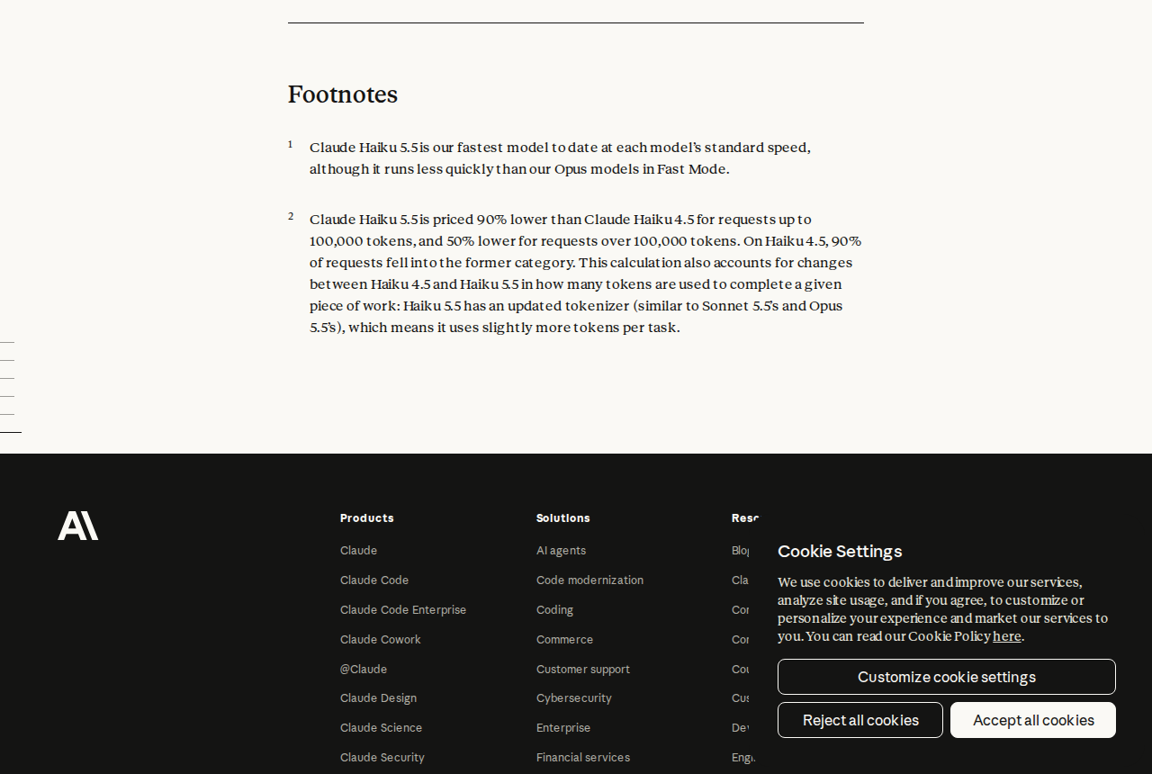 Official Claude Haiku 5.5 pricing table compared with previous models