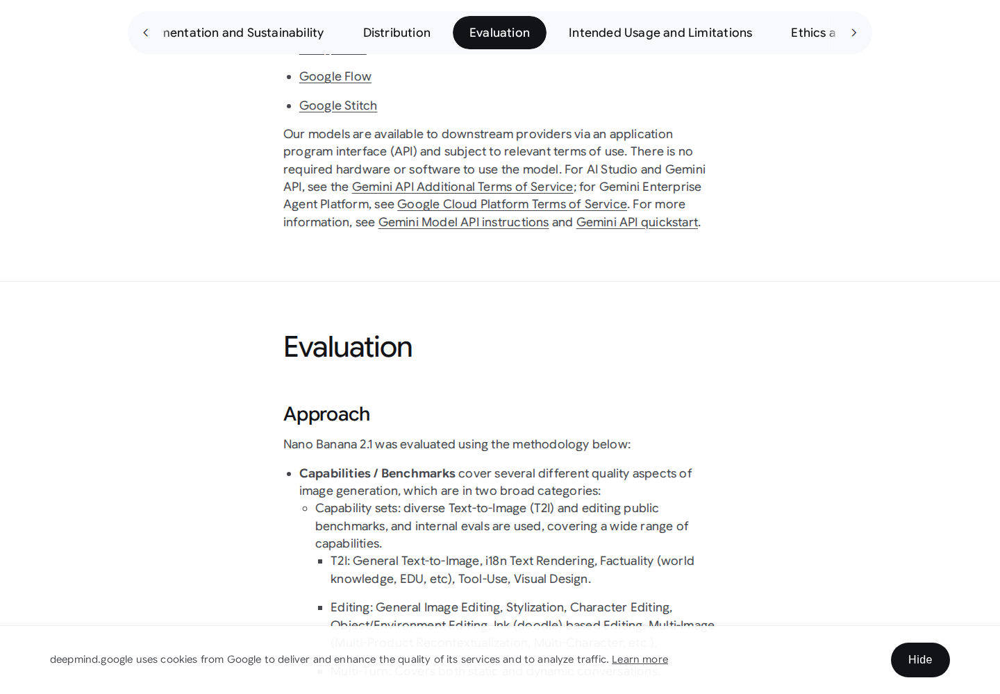 Official evaluation results table for Nano Banana 2.1 in the Evaluation section of the DeepMind model card