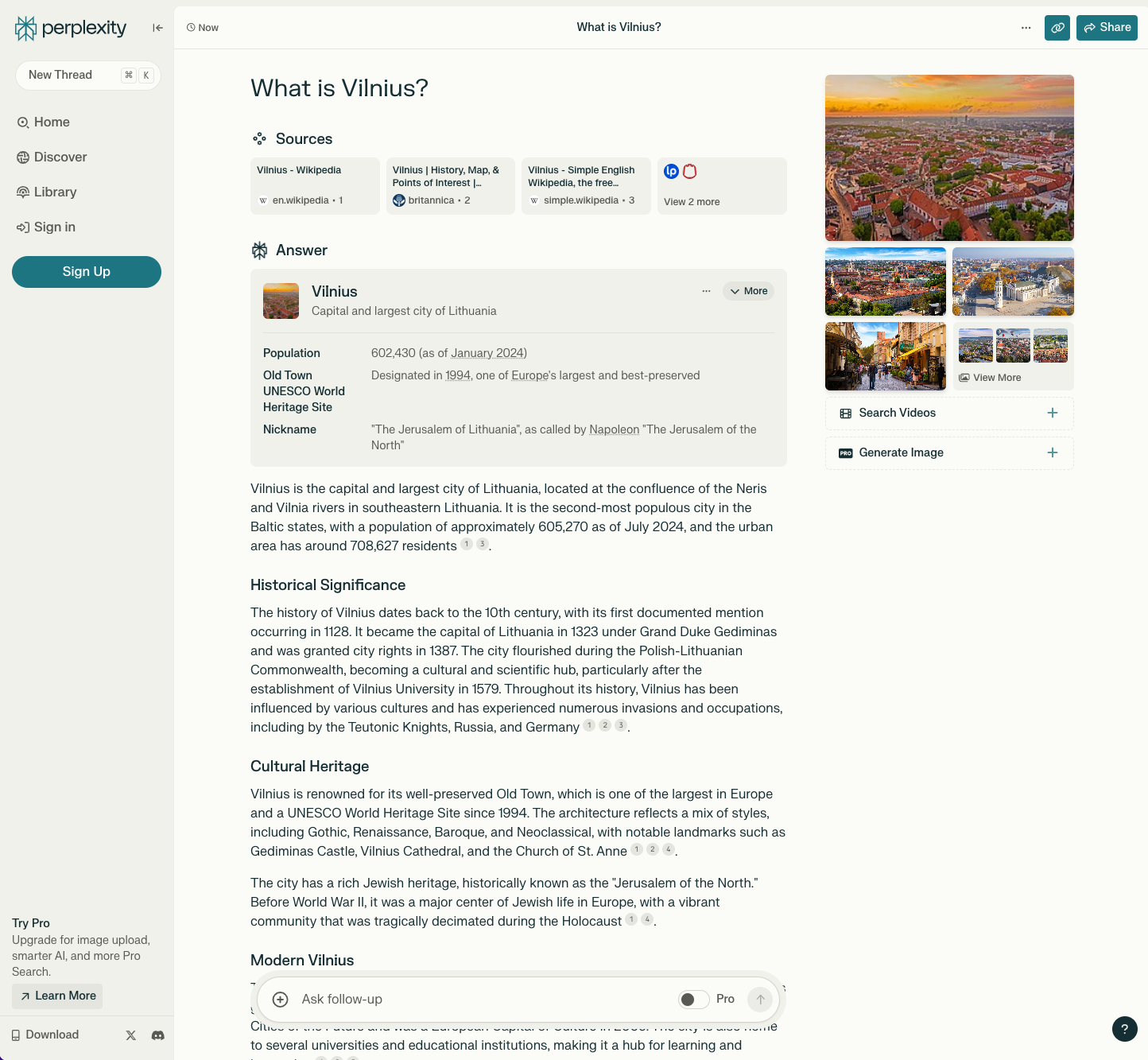 Perplexity answer with numbered source citations (screenshot)