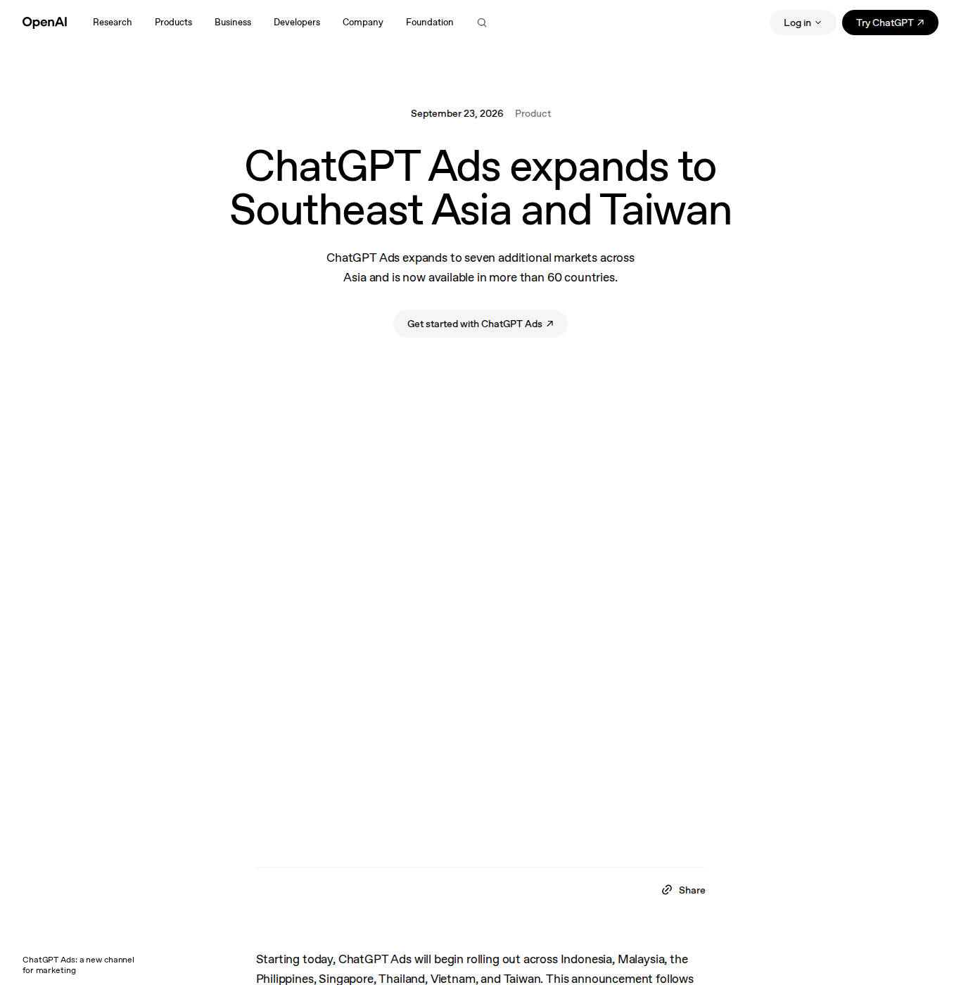 Screenshot of OpenAI's official announcement page about the expansion of ChatGPT Ads into Southeast Asia and Taiwan