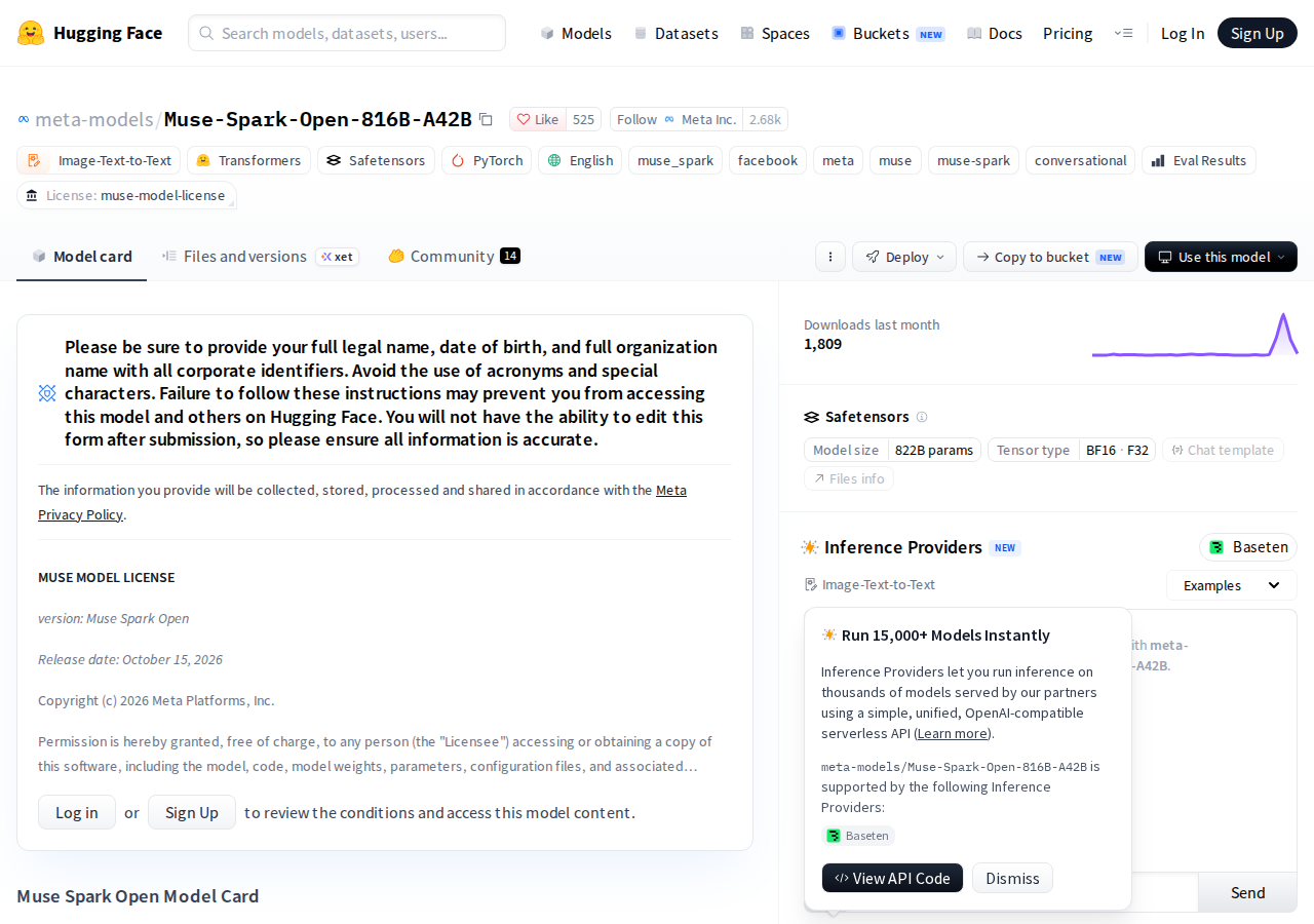 The official meta-models/Muse-Spark-Open-816B-A42B repository page on Hugging Face by Meta