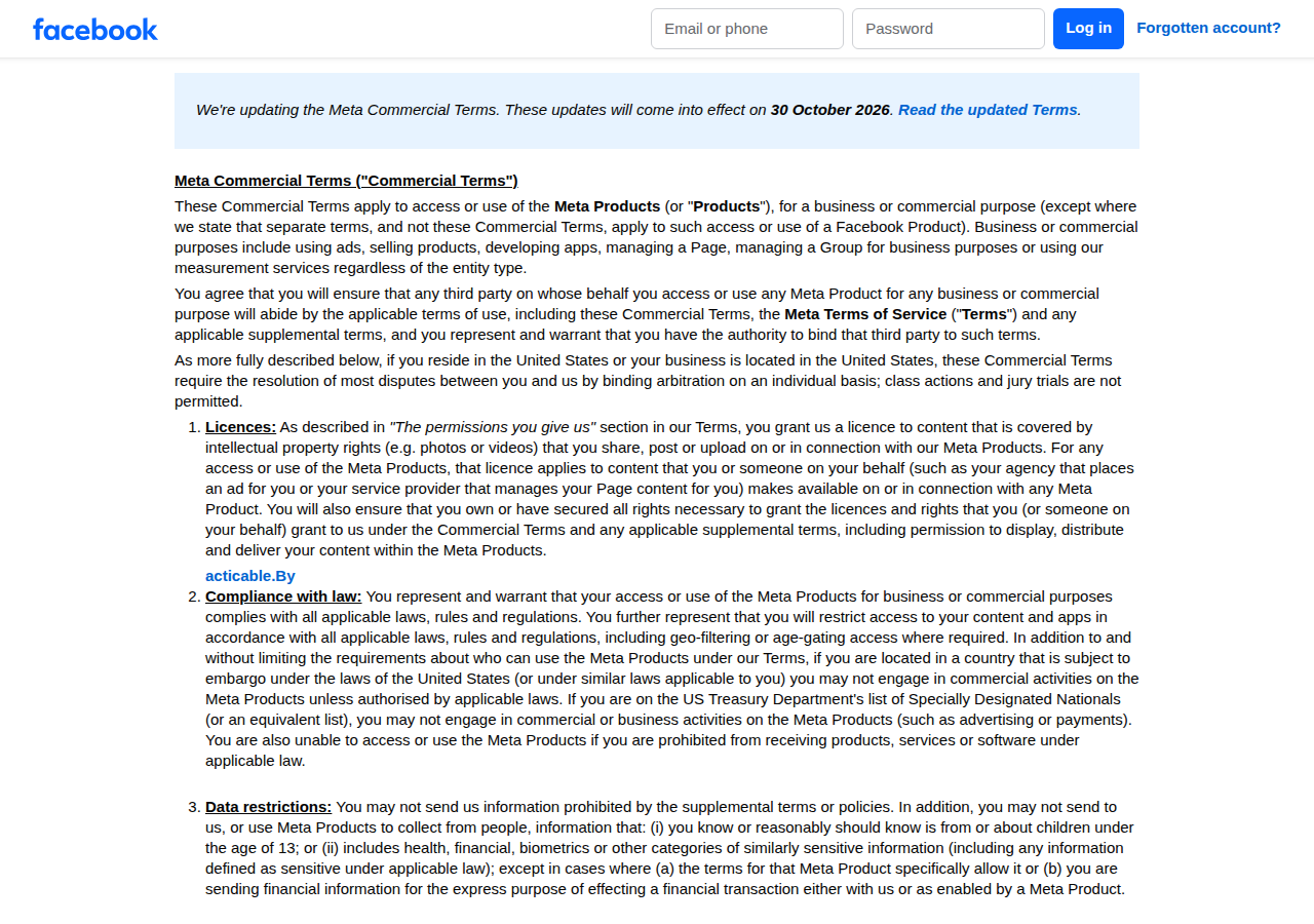 Live screenshot of Meta Commercial Terms page on October 18, 2026 after the deletion
