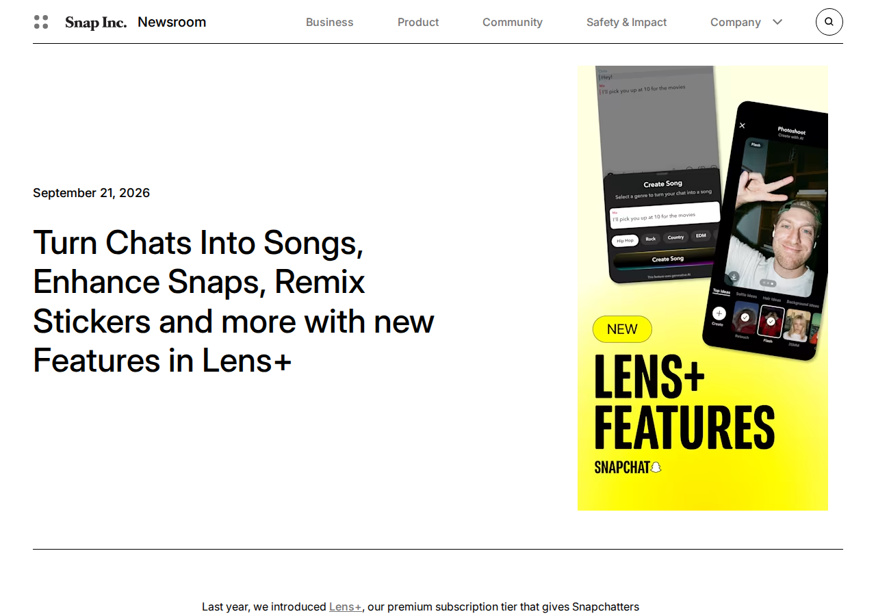 أعلى صفحة إعلان ميزات Lens+ الجديدة على غرفة سناب شات الأخبارية