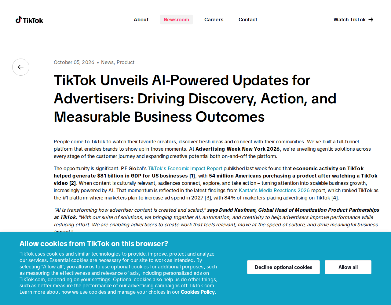 Screenshot of the commerce section of TikTok's official announcement