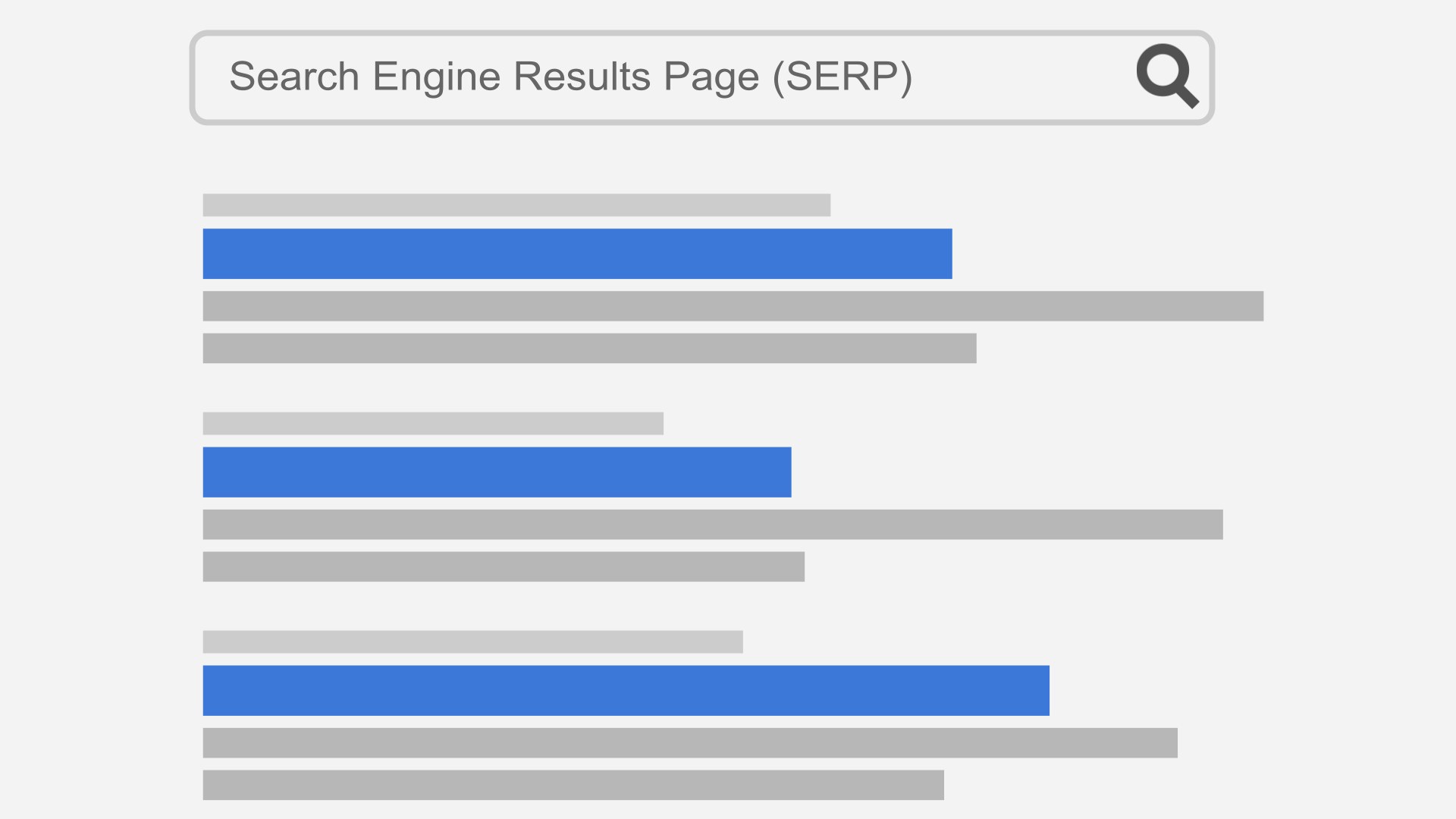 Clean graphic illustration of a search engine results page layout showing stacked result blocks with titles, URLs, and description lines