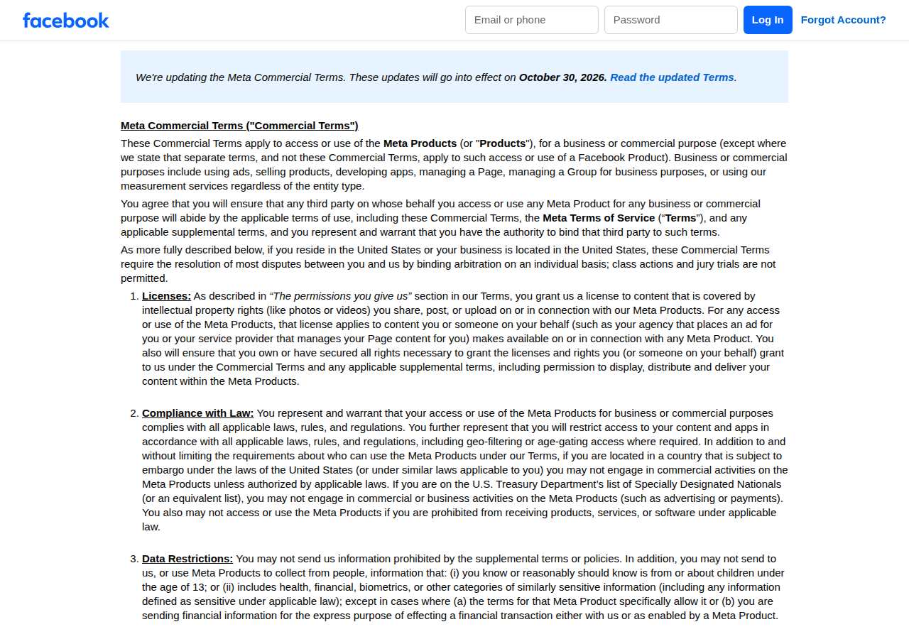 Archived screenshot of Meta Commercial Terms with update notice